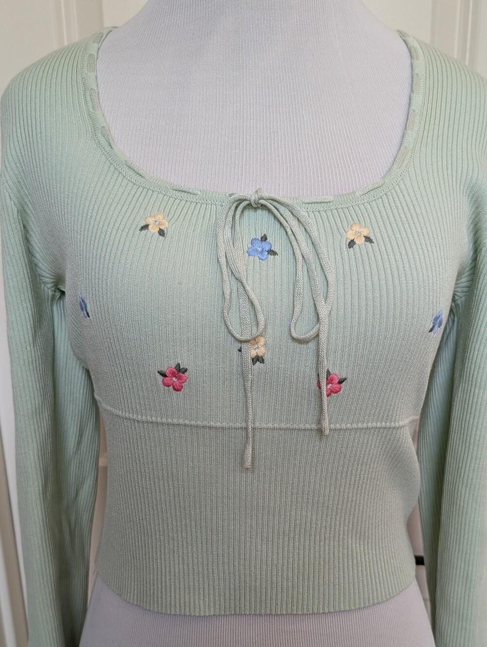 Mint Ribbed Cropped Sweater with Floral Embroidery, NWT